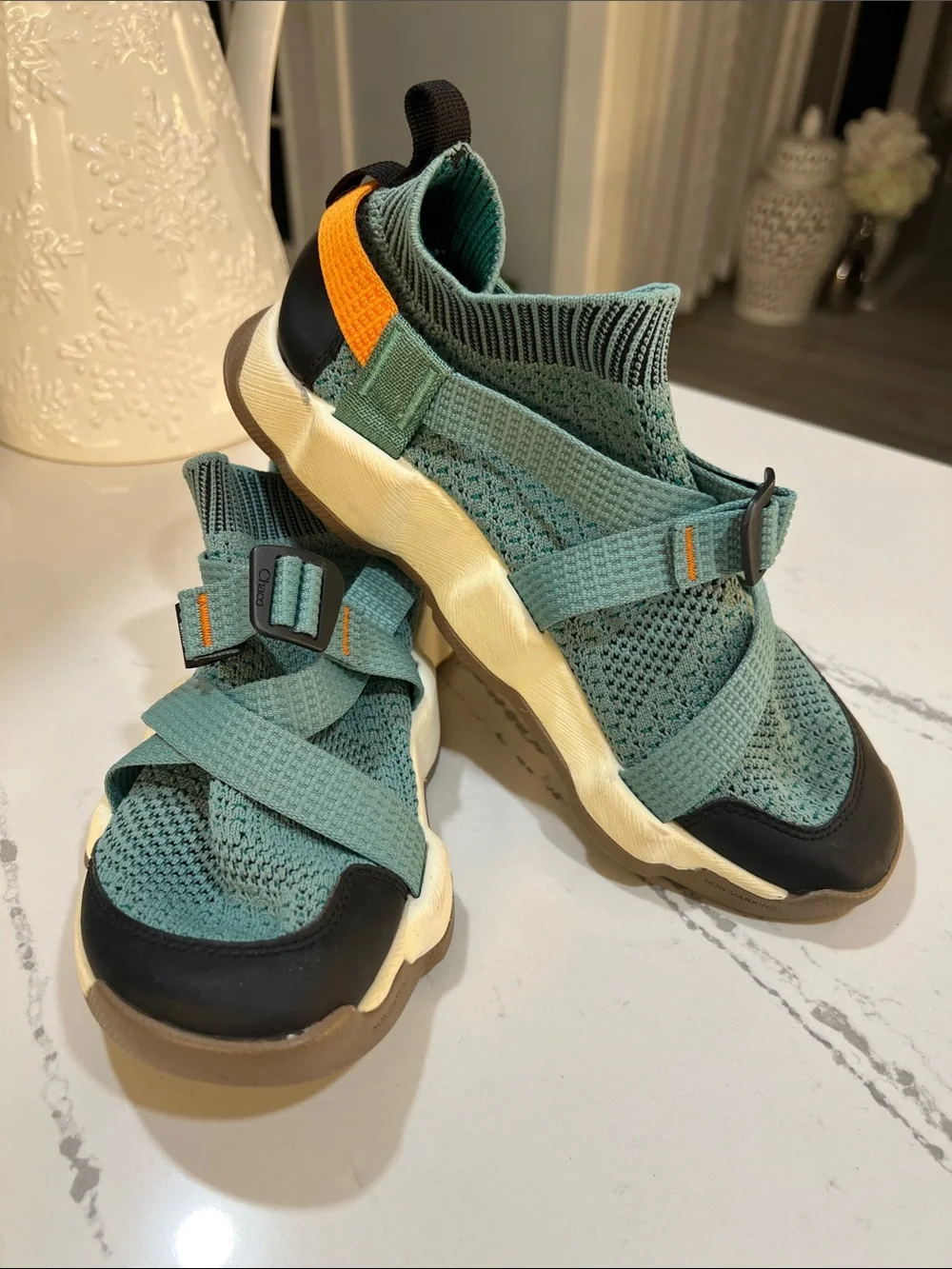 Chaco Teal Knit Strap Sneakers with Orange Heel Accent size W7